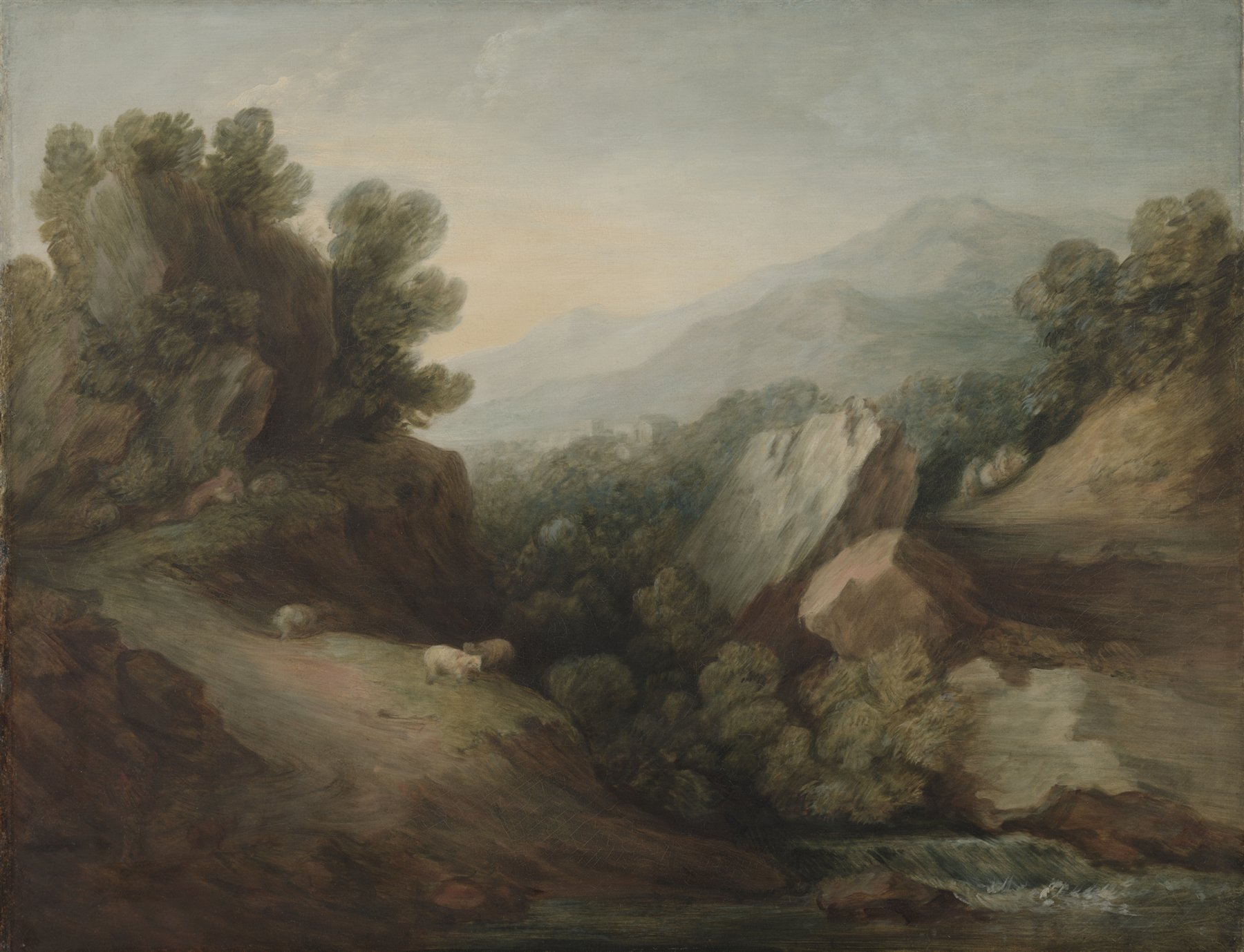 Rocky, Wooded Landscape with a Dell and Weir by Thomas Gainsborough, c. 1782–1783.