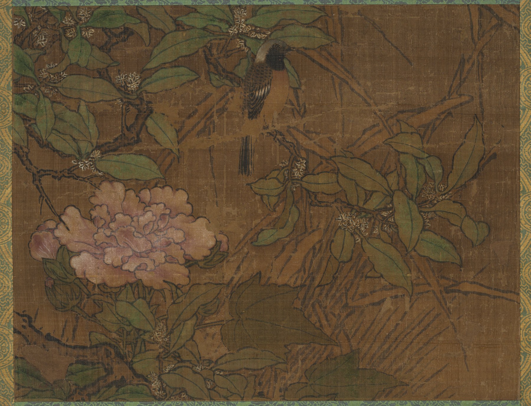 Birds and Flowers by Sesshū Tōyō, mid-1400s–early 1500s. A bird perched among peonies and leafy branches on silk.